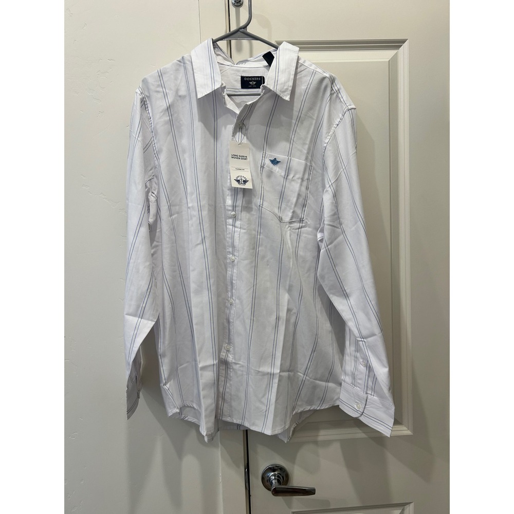 Dockers XL Mens Long Sleeve Button Up Shirt Blue White Striped Casual